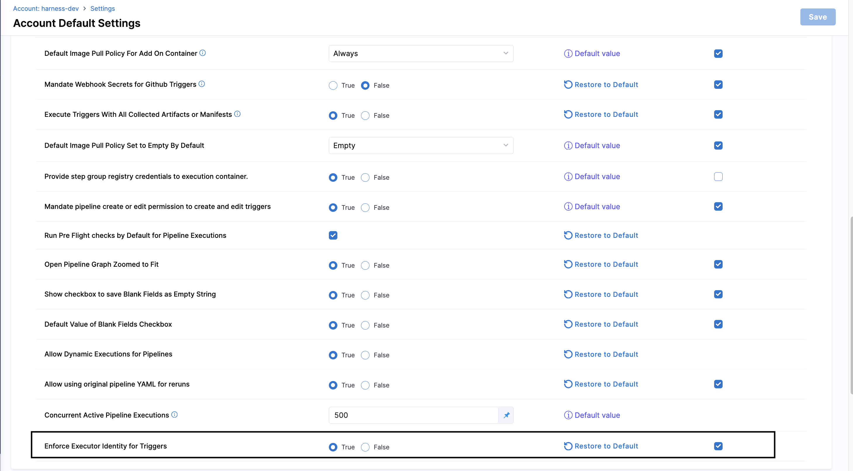Account pipeline settings with Enforce Executor Identity for Triggers set to True
