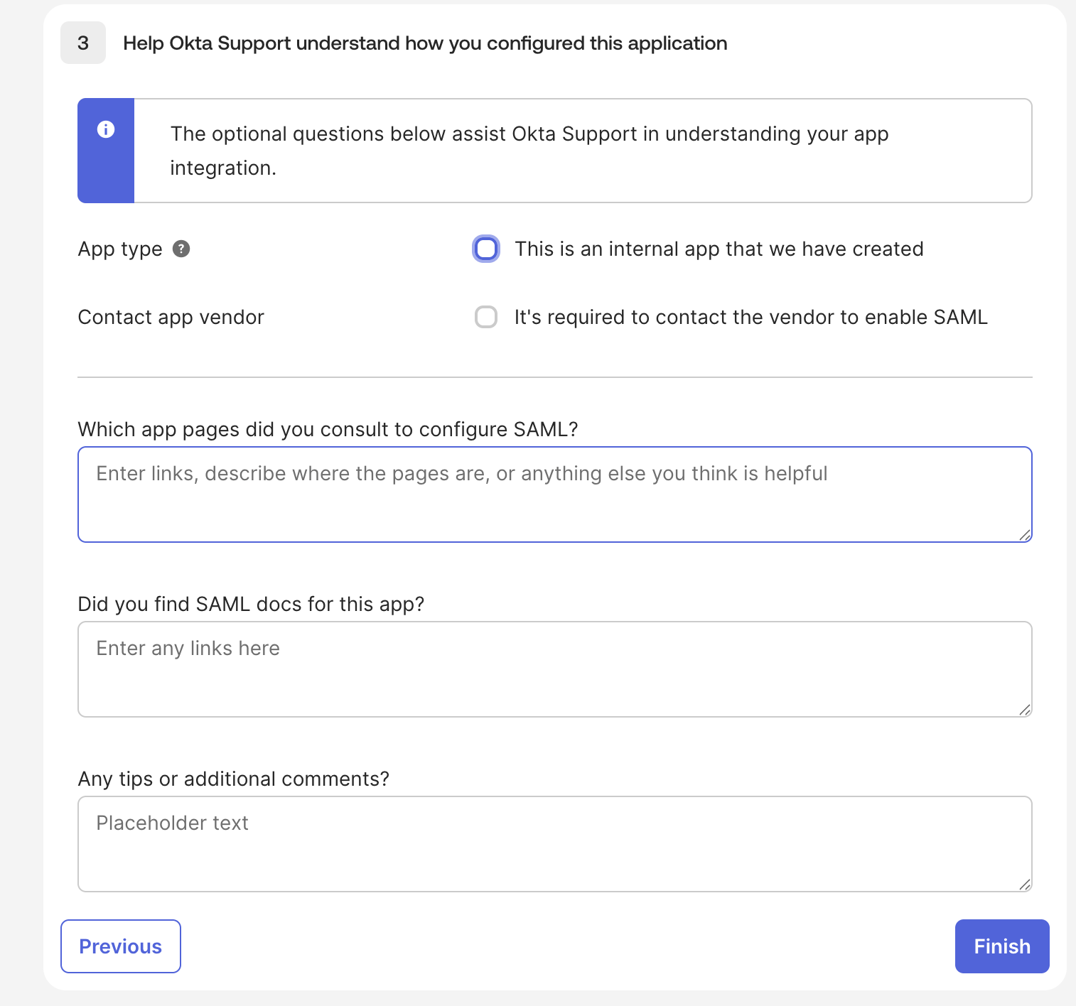 The third step of the Okta app integration wizard, showing the App type option and the Finish button
