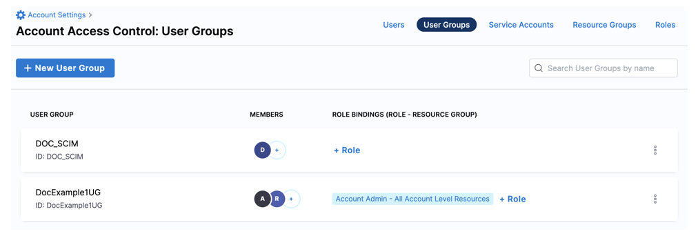 The Harness User Groups page showing a SCIM-provisioned group with its ID, members, and empty role bindings