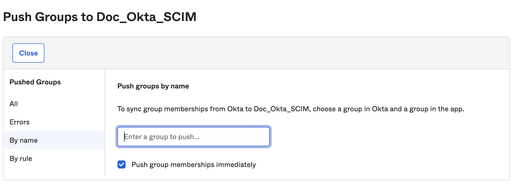 Okta group search results while configuring a group push to Harness