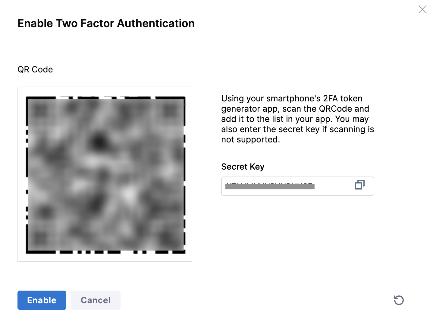 QR code and secret key for the administrator 2FA setup