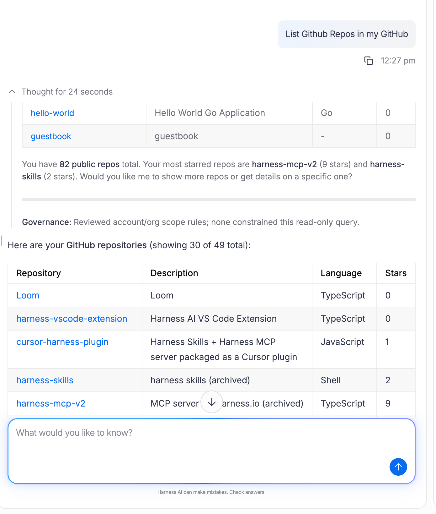 Harness AI chat response listing GitHub repositories in a table after calling the GitHub MCP connector