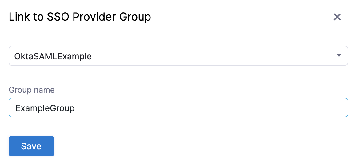 The Link to SSO Provider Group dialog with the Okta SSO setting and group name entered