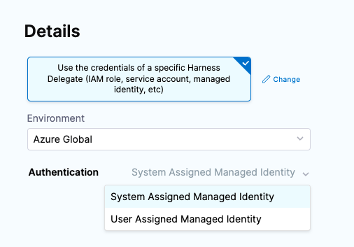 Azure connector Authentication settings showing System Assigned Managed Identity selected.