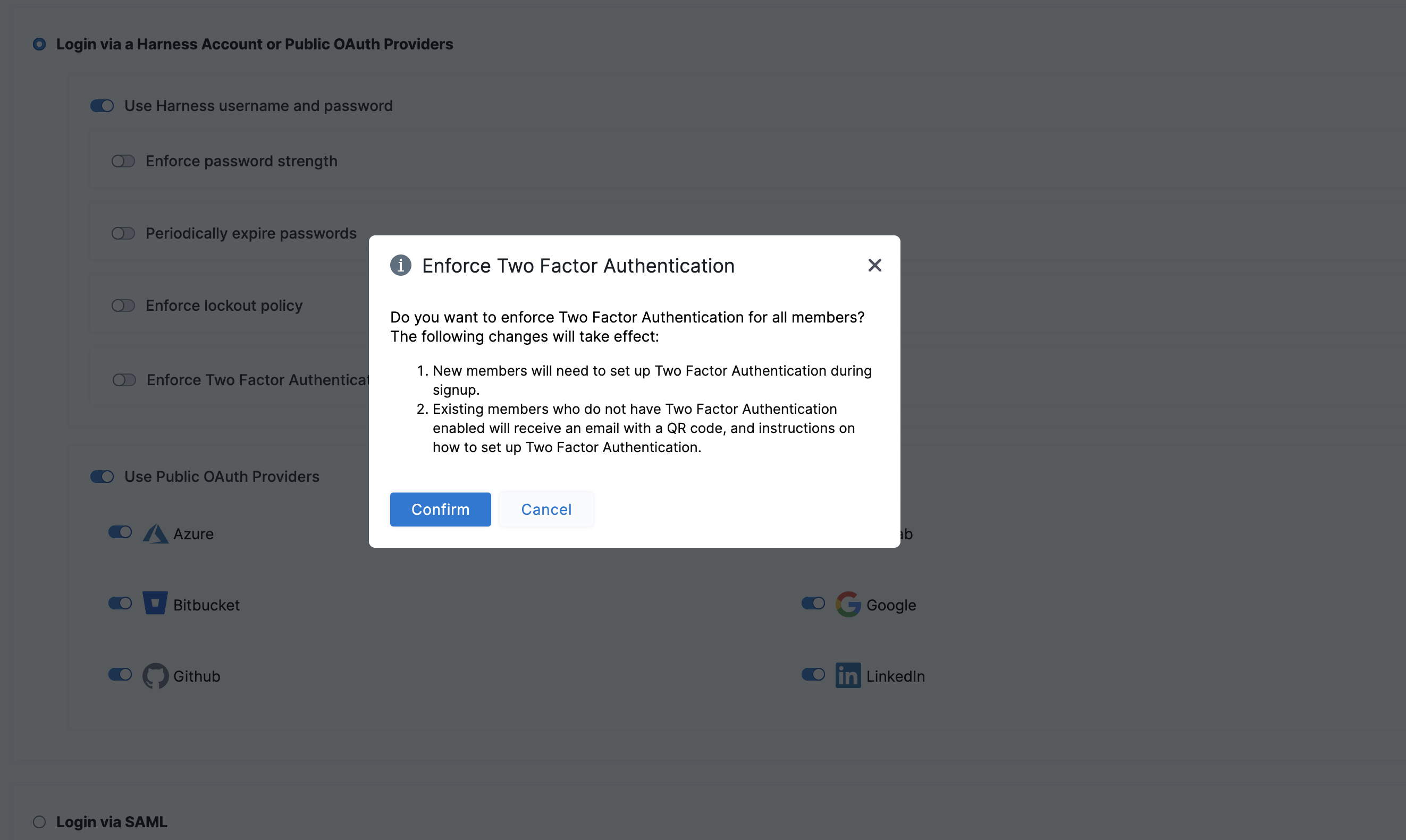 Confirmation dialog to enforce 2FA for all users in the account