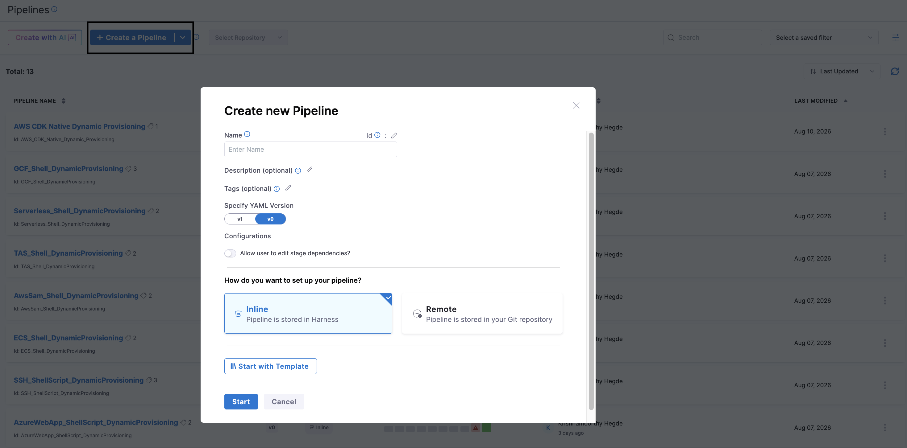 Create new Pipeline dialog showing the Name field, Inline and Remote storage options, and the Start button