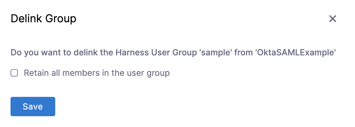 The Delink Group window with the option to retain all members in the user group