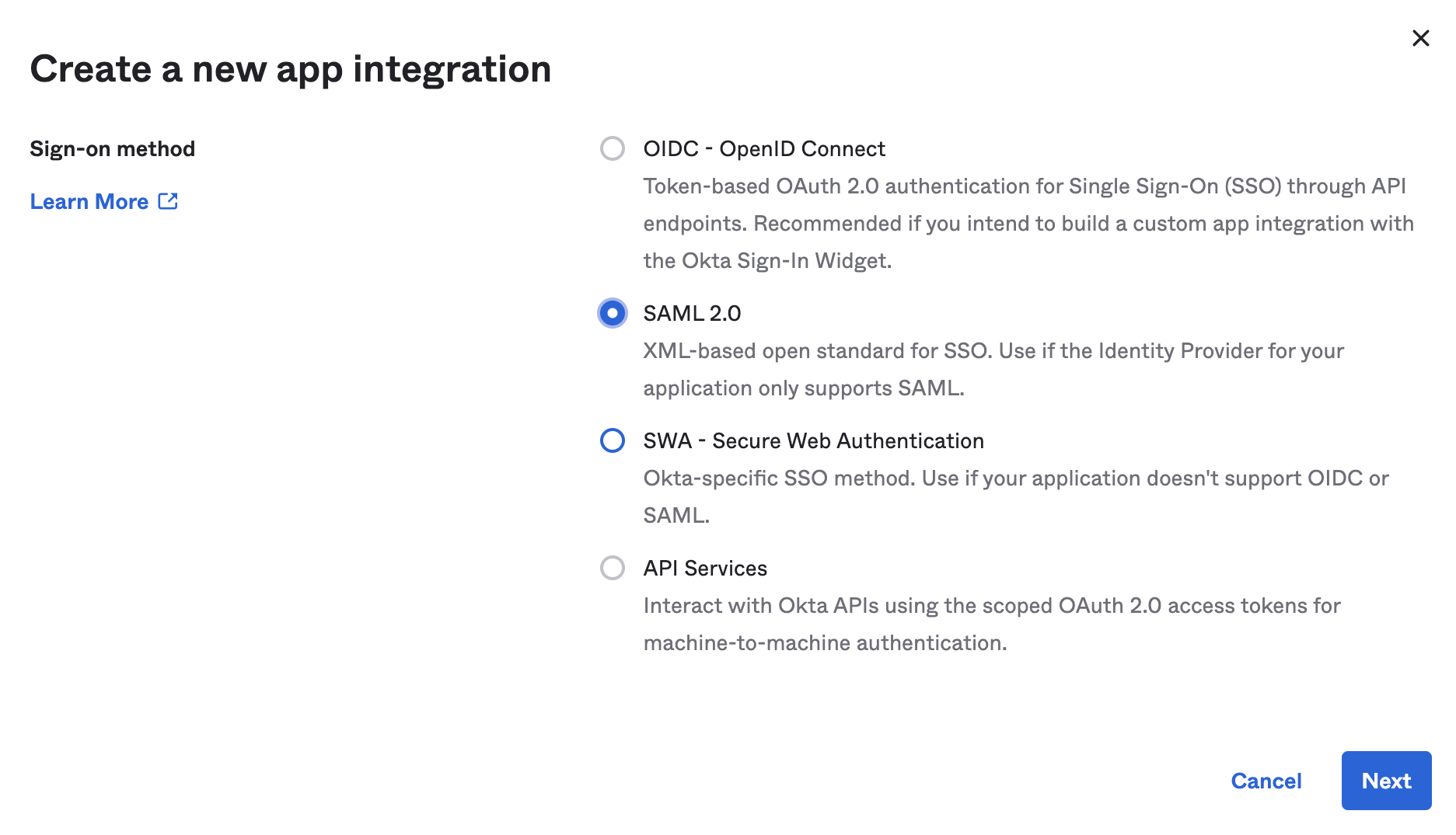 The Create a new app integration dialog with SAML 2.0 selected as the sign-on method