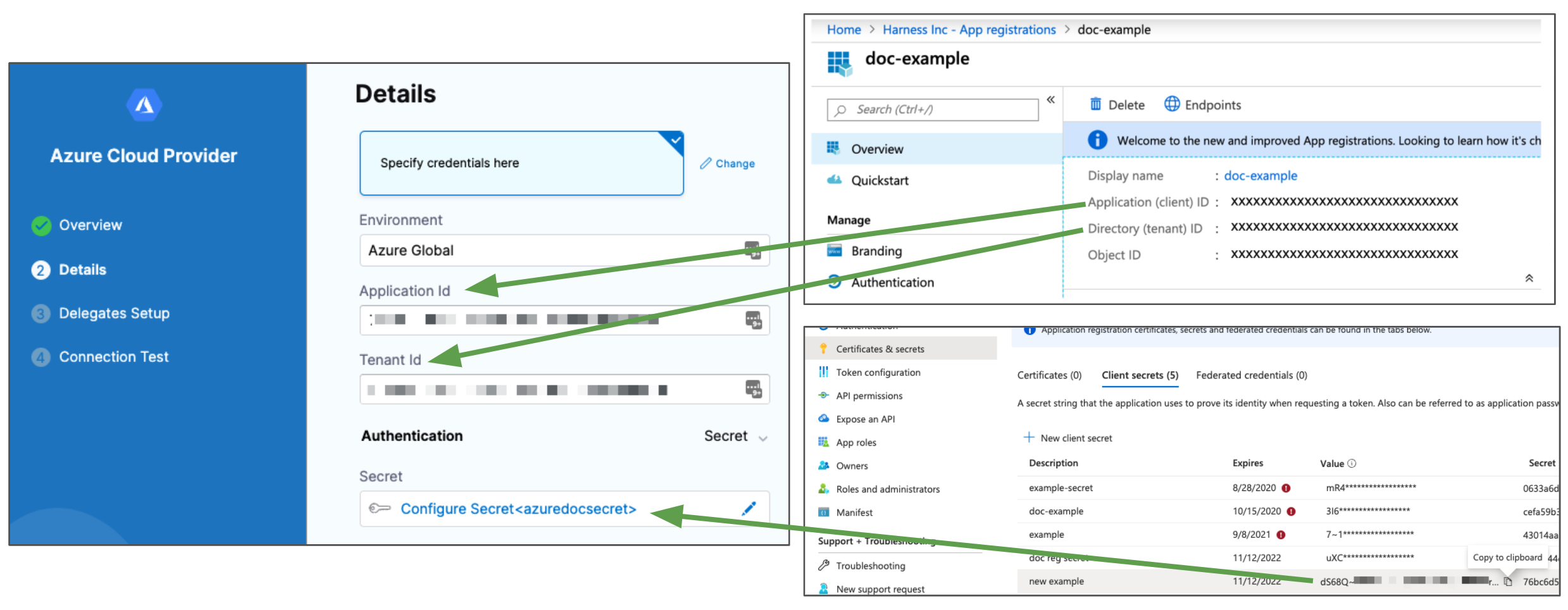 A comparison of App Registration details and corresponding fields in the Harness connector settings.