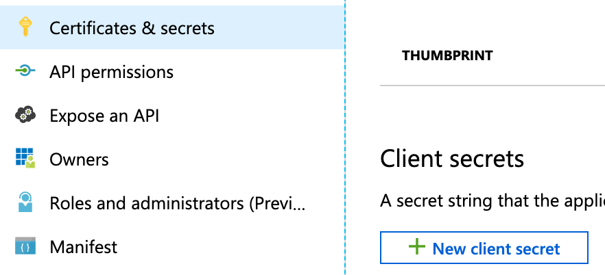 Azure App Registration Certificates and secrets panel showing the New client secret option.
