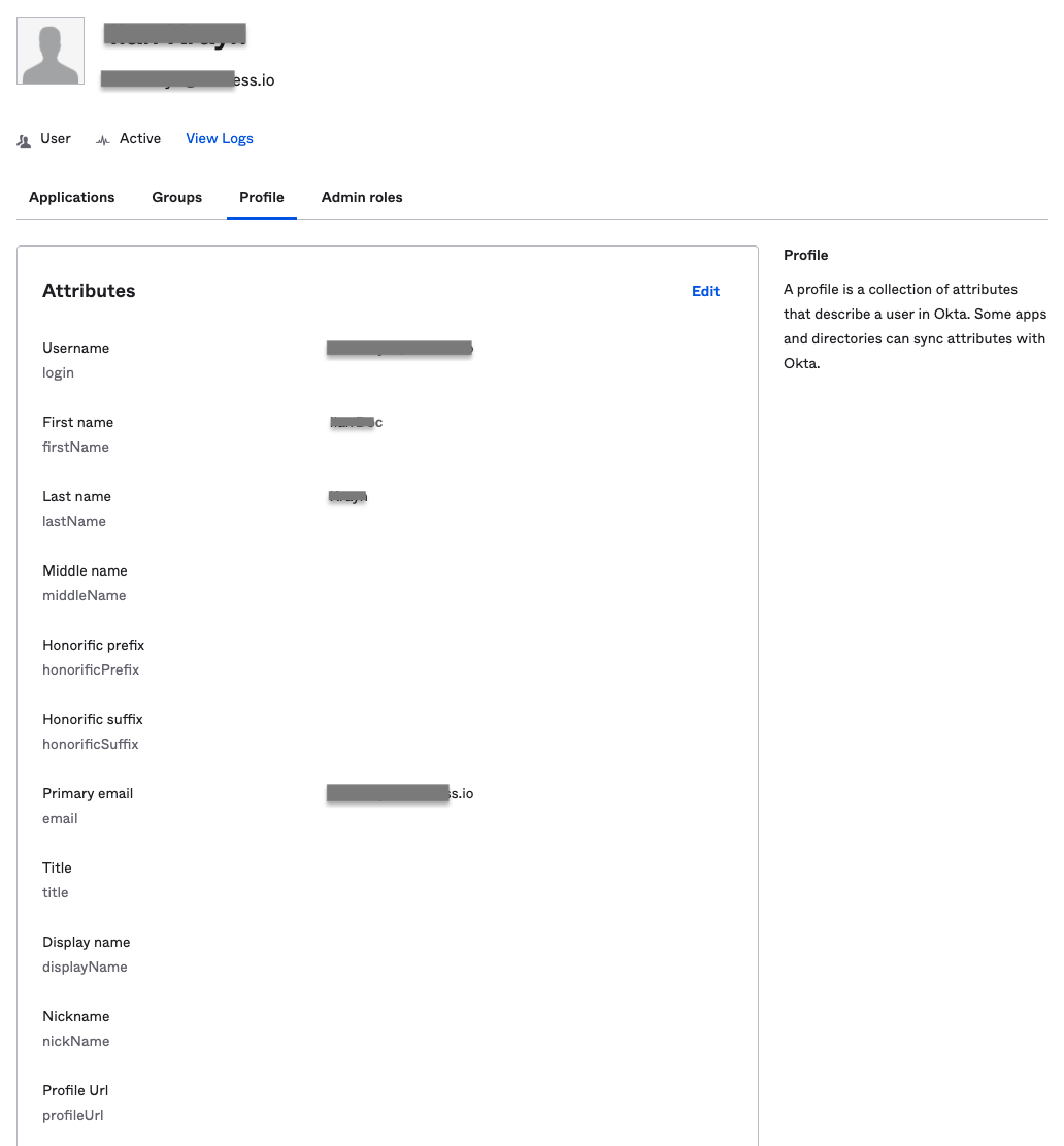 An Okta user profile in edit mode showing the given name, family name, and email fields