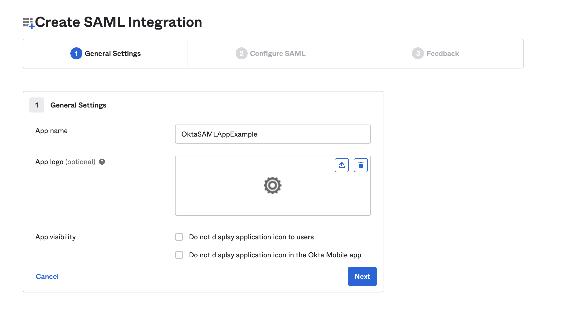 The General Settings step of the Okta app wizard with the Application label field
