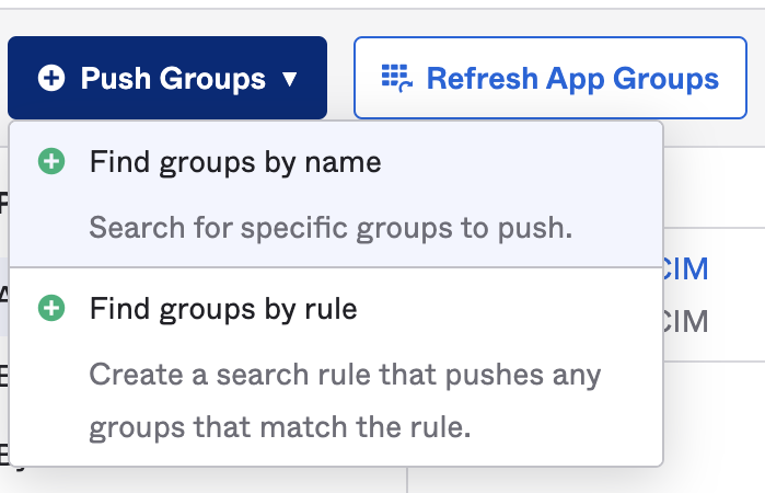 The Push Groups tab in Okta with the options to find groups by name or by rule