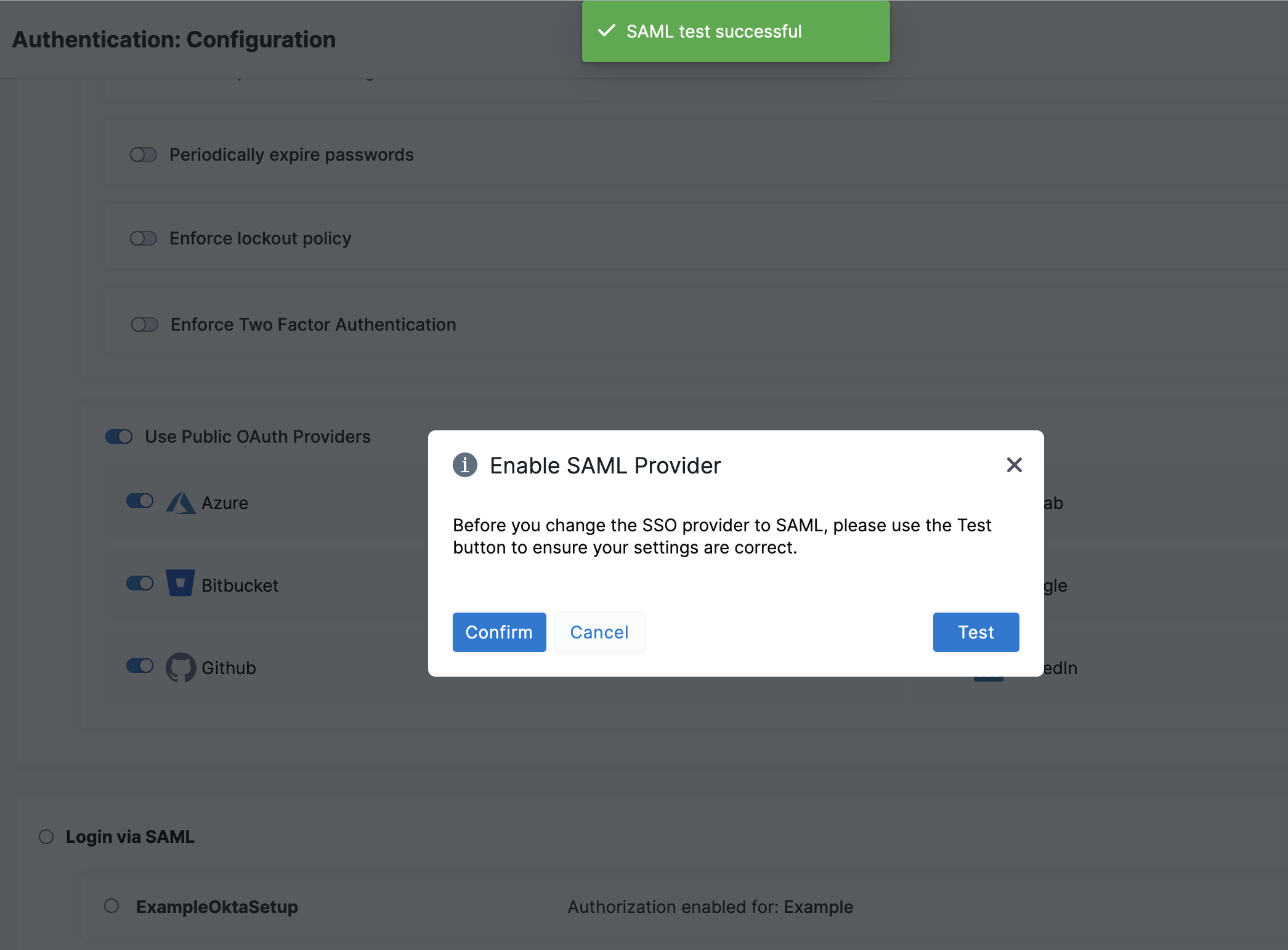 The Enable SAML Provider confirmation window with the Test button