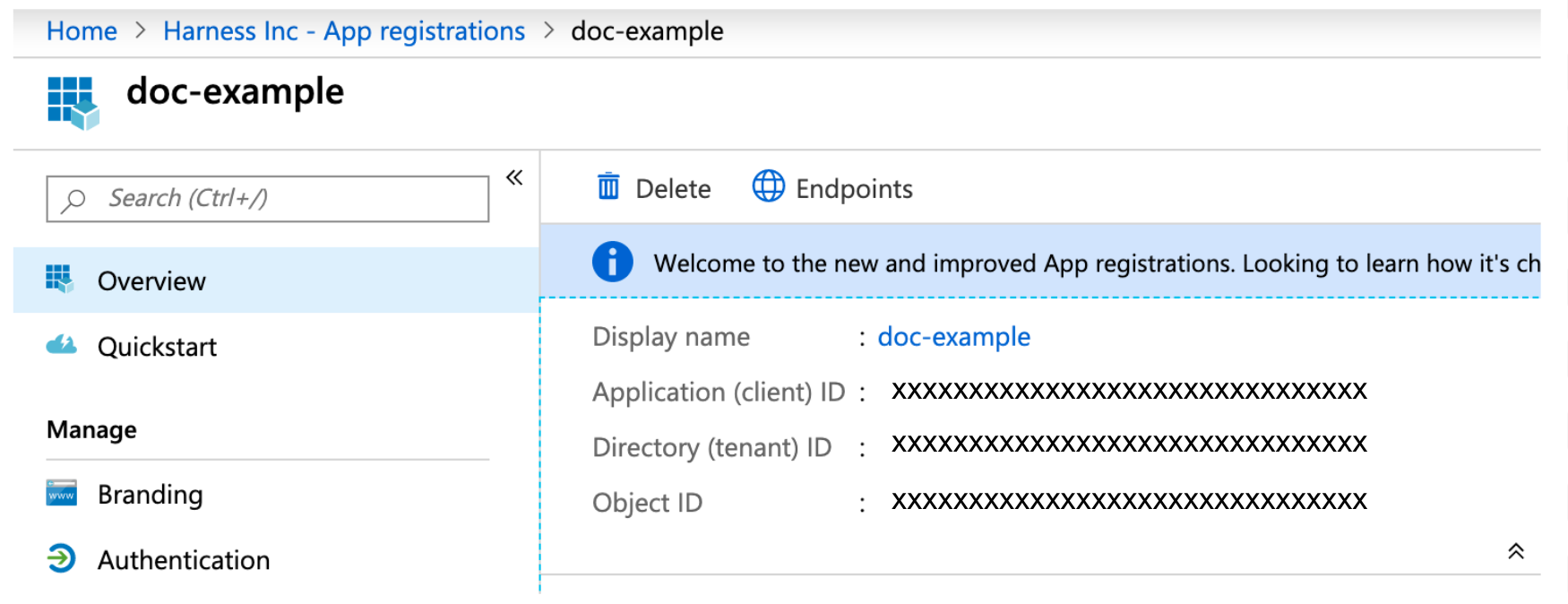 Microsoft Azure App Registration Overview page showing Application (client) ID and Directory (tenant) ID.