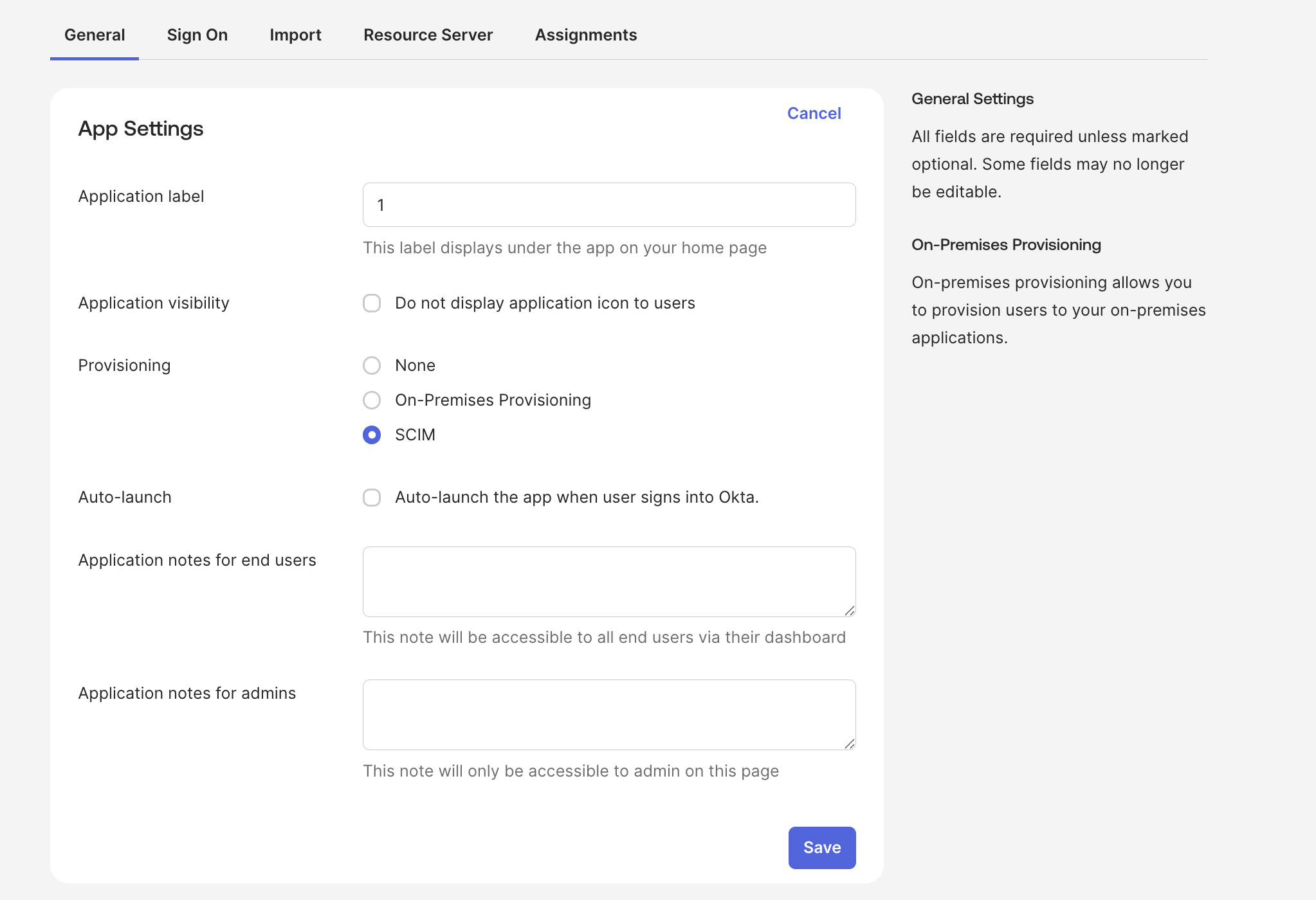 The App Settings panel on the General tab with SCIM selected in the Provisioning options