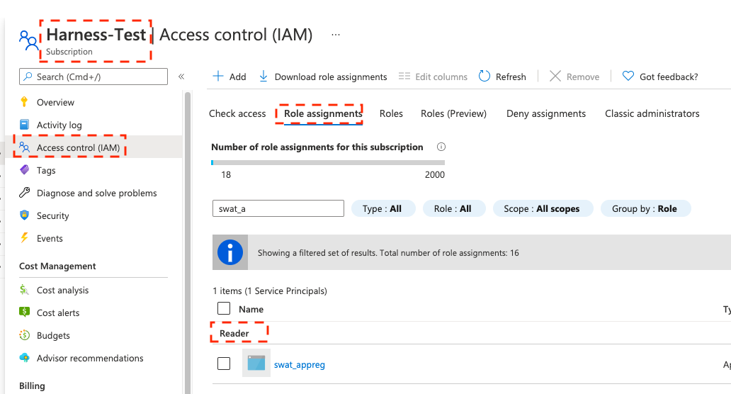 ACR Reader role assignment in the Azure portal showing the Subscription scope.