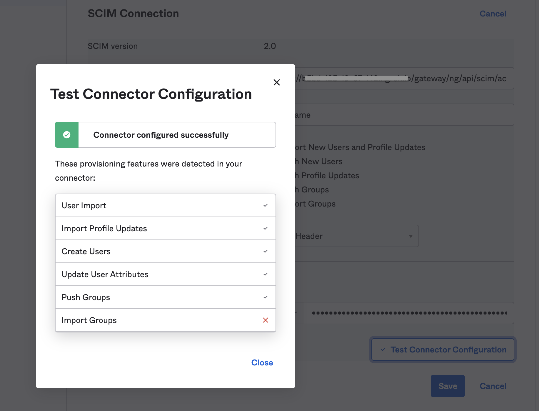 A successful Okta test connection result for the Harness SCIM integration