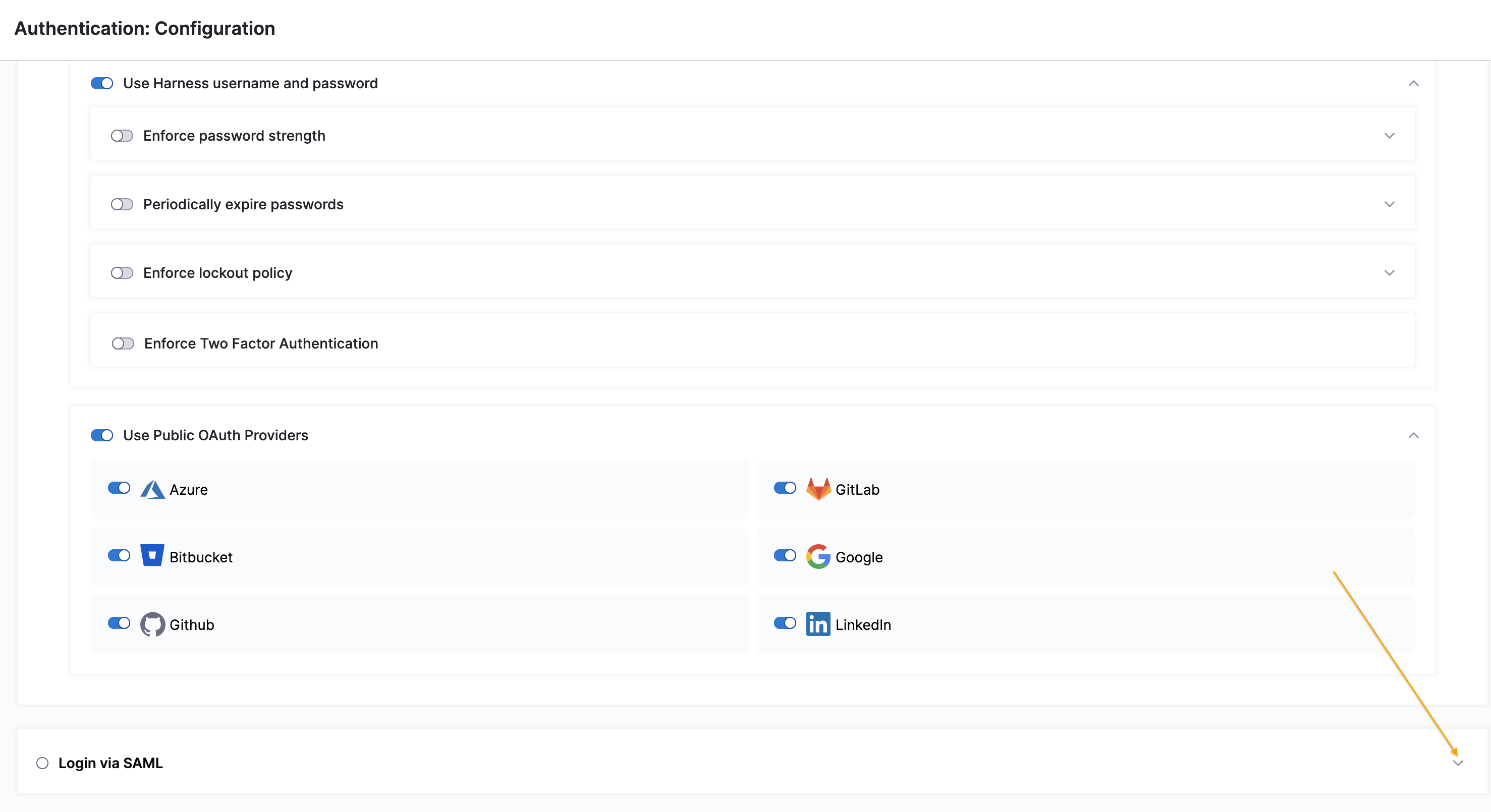 The expanded Login via SAML section in Harness authentication settings