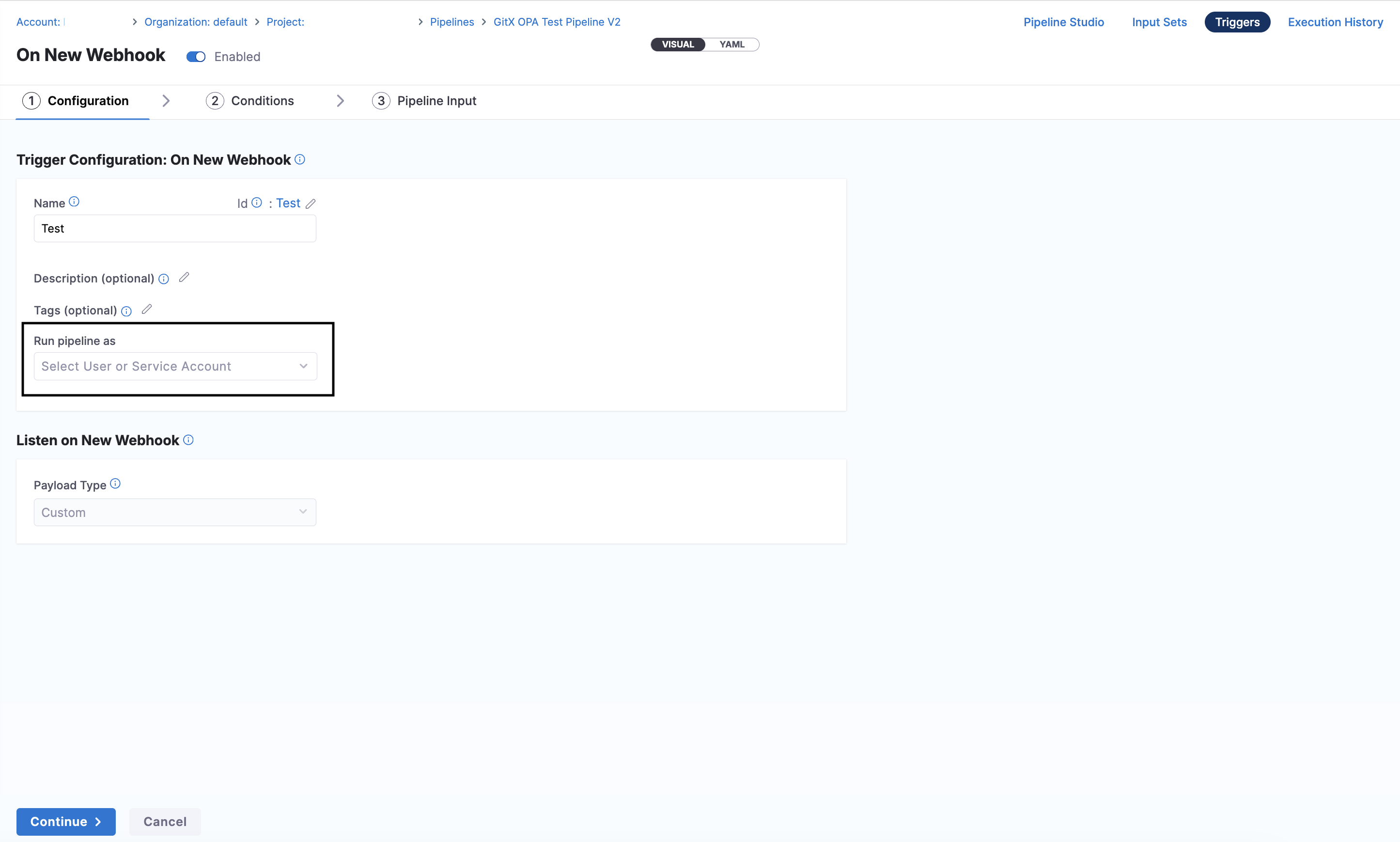 Trigger Configuration page with the Run pipeline as user or service account field