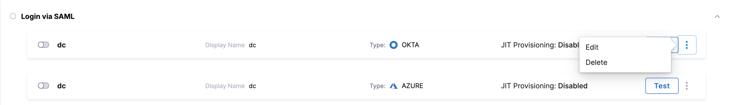 The More options menu for a Harness SAML provider with the Edit action