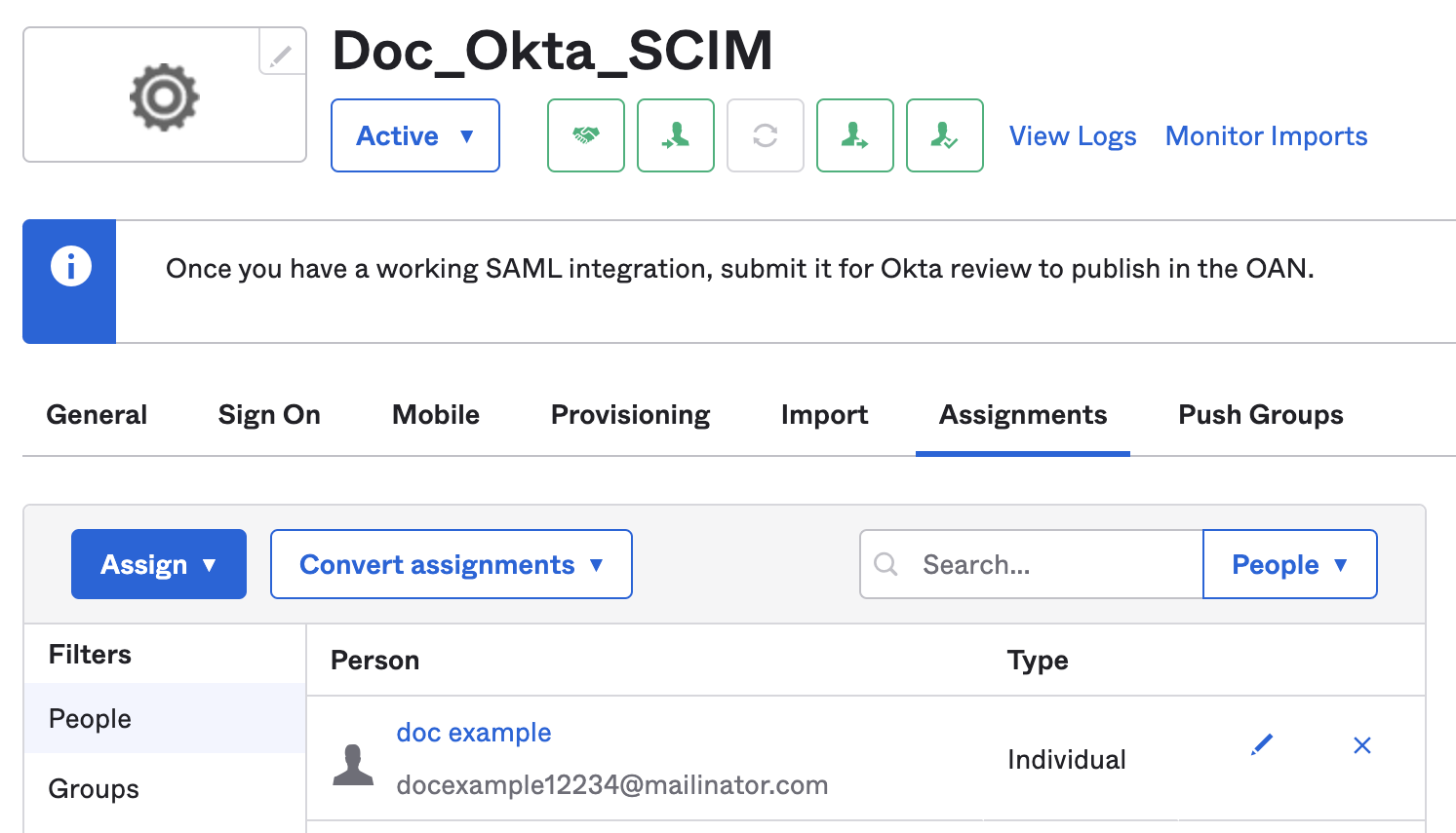 The People list on the Assignments tab of the Harness Okta app, showing assigned users