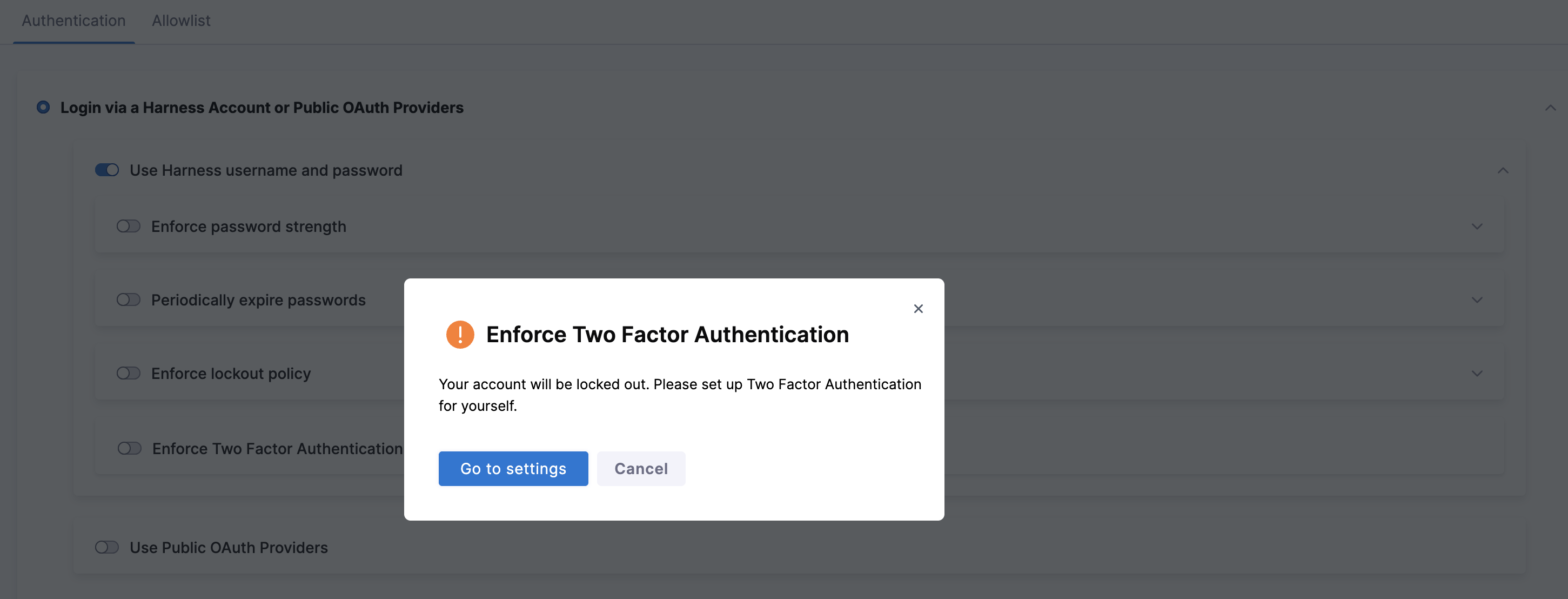 Prompt to set up 2FA for your own profile before enforcing account-wide 2FA