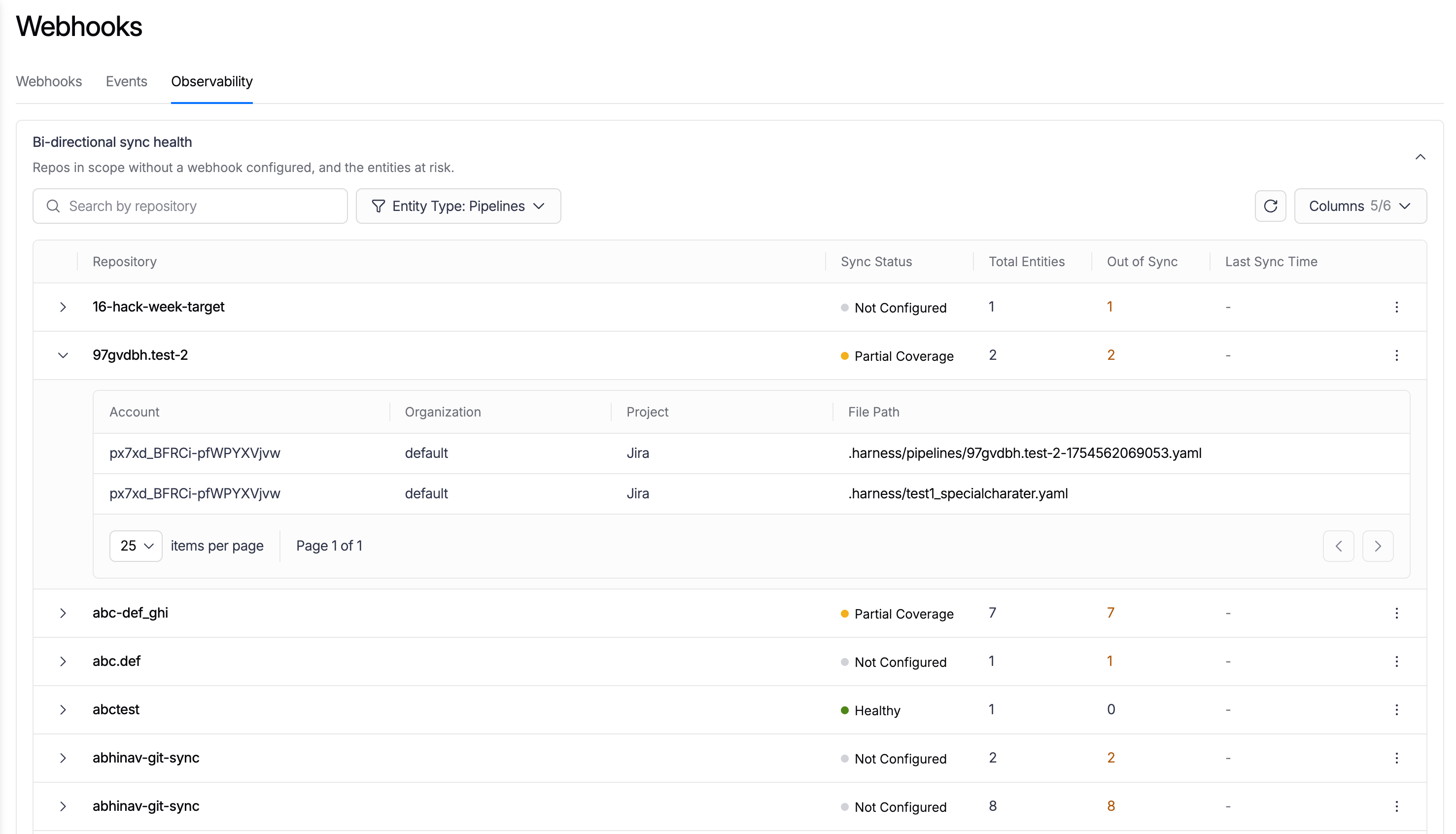 Expanded repository row showing entity account, organization, project, and file path