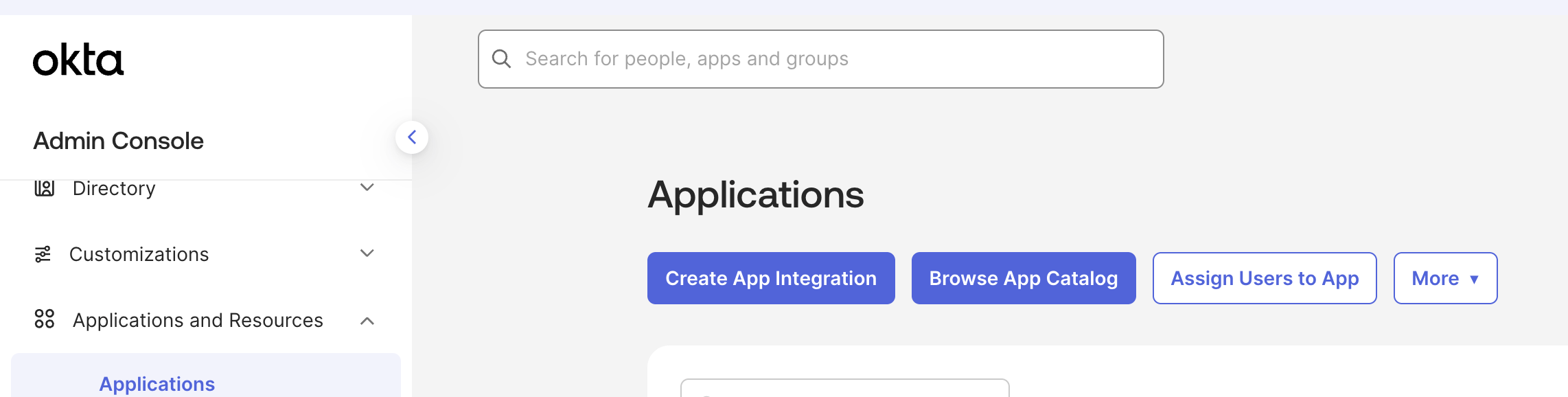 The Okta Applications page with the Create App Integration button highlighted