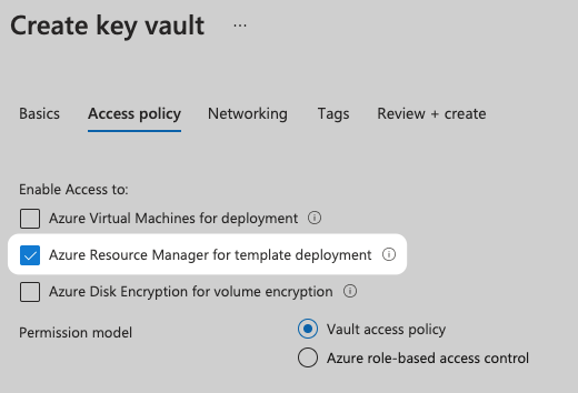 ARM Key Vault access policy setting showing the Azure Resource Manager for template deployment option.