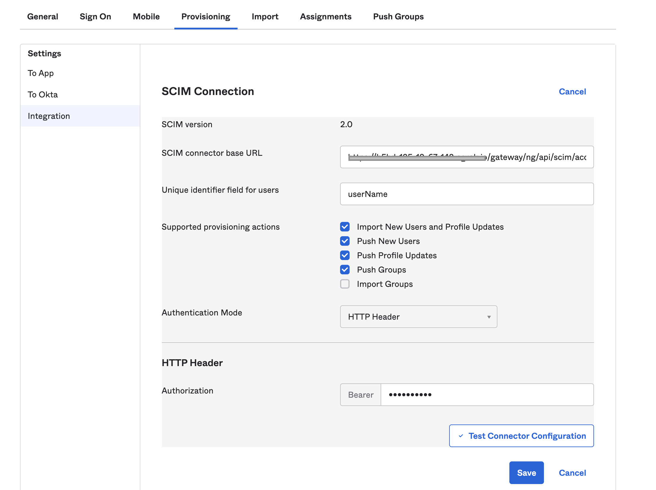 The Okta SCIM integration settings showing the connector base URL, unique identifier field, provisioning actions, and HTTP Header authentication mode