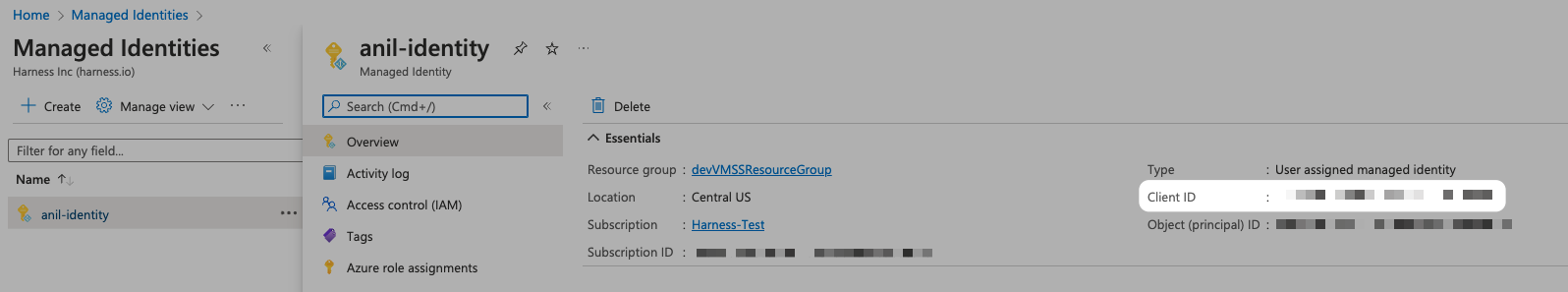 Azure connector User Assigned Managed Identity settings showing the Client Id field.