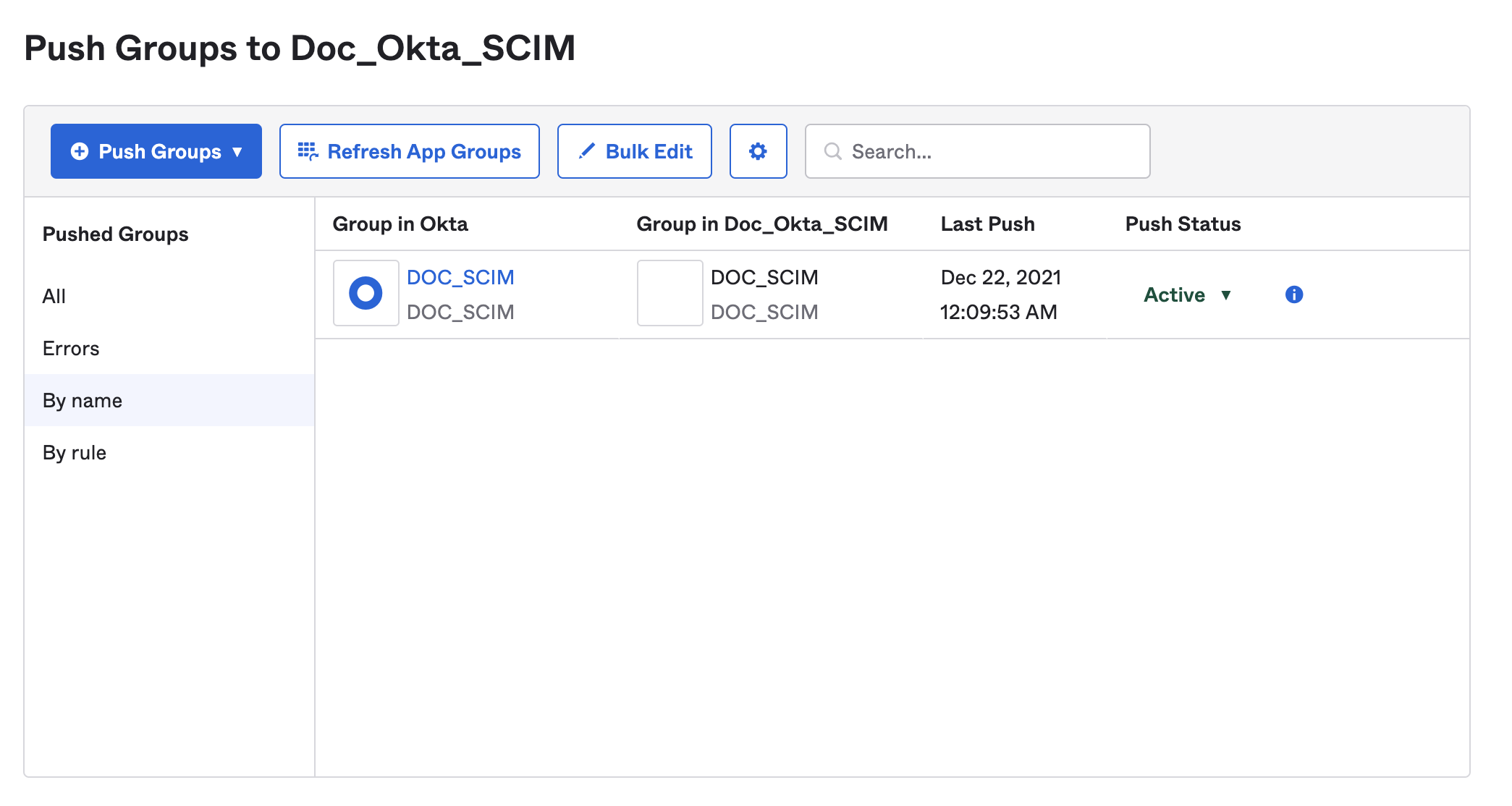 The Push Groups status list in Okta showing pushed group names and their push status