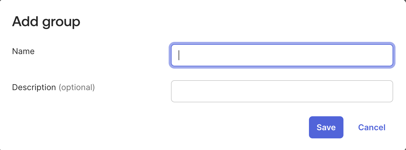 The Okta Add Group dialog with the group name and description fields