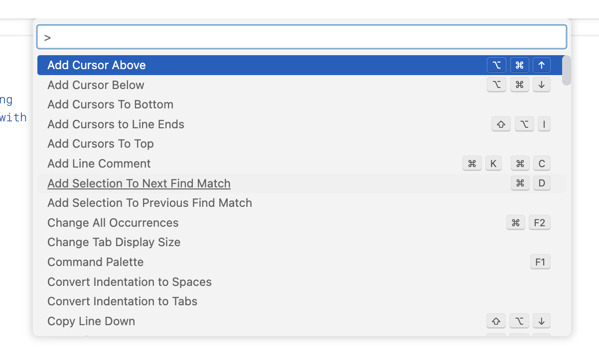 Command palette in the YAML editor