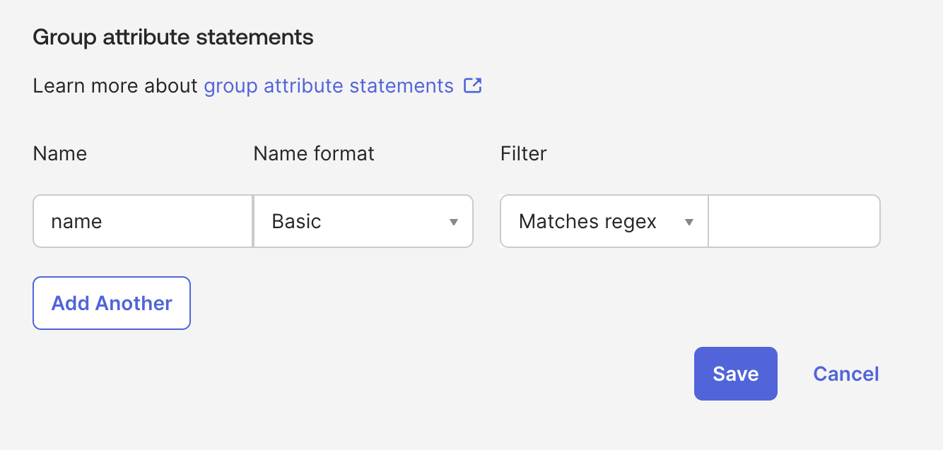 The group attribute statement filter set to Matches regex with the .* value