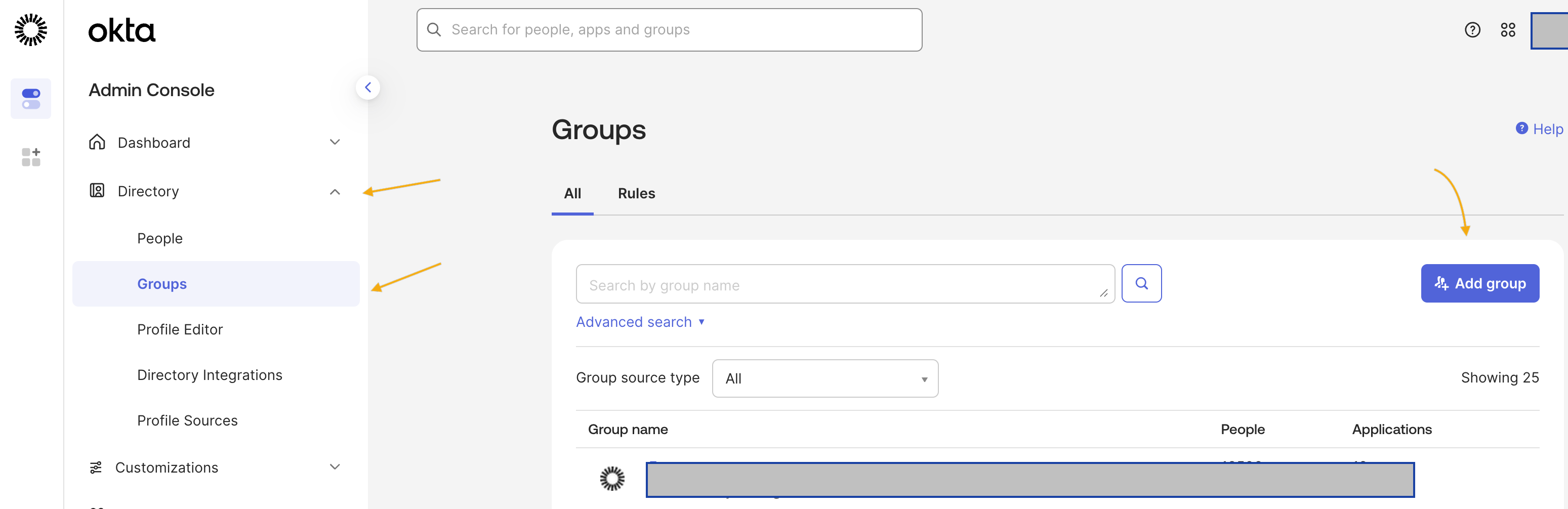 The Groups page in the Okta Directory with the Add Group button