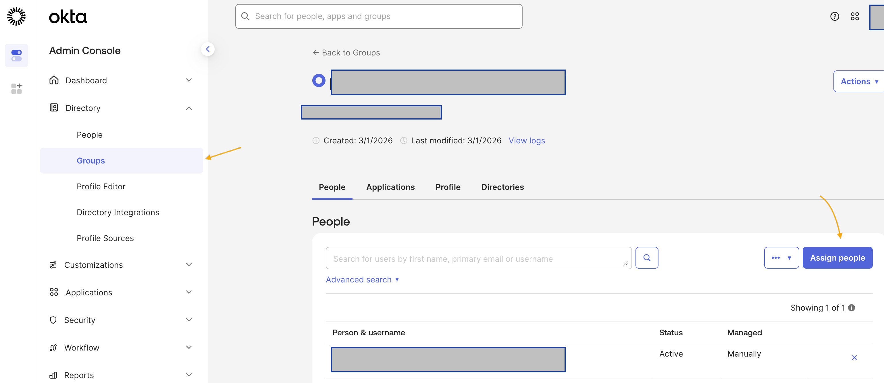 The Assign People view used to add members to an Okta group