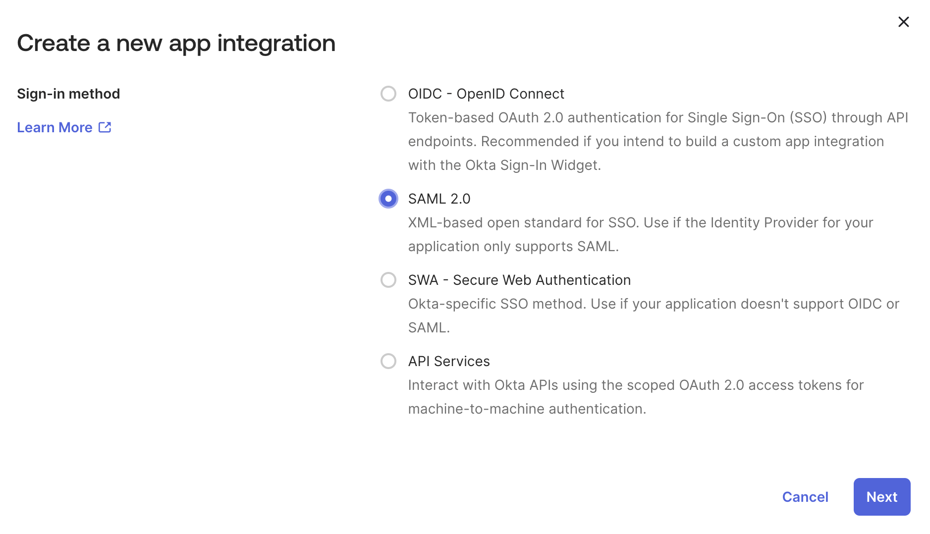 The Create a new app integration dialog with SAML 2.0 selected